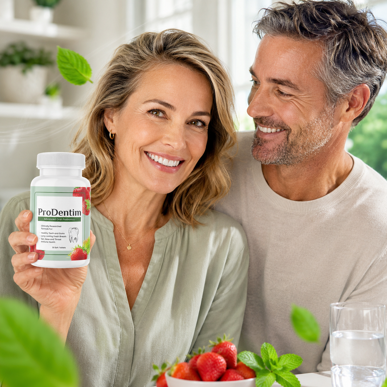 Happy couple smiling with ProDentim oral probiotic bottle, strawberries, and fresh mint